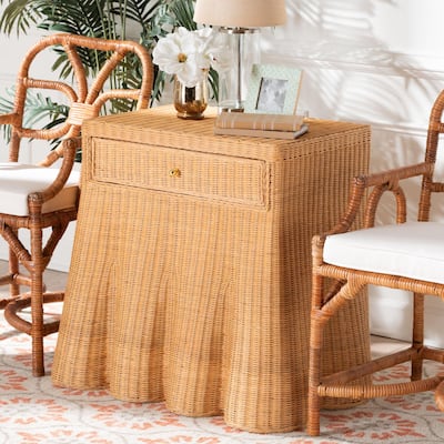 Chica Scalloped Natural Rattan Console Table with Drawer - Handwoven Wicker Accent Table with Flared Skirt, Coastal Boho Style