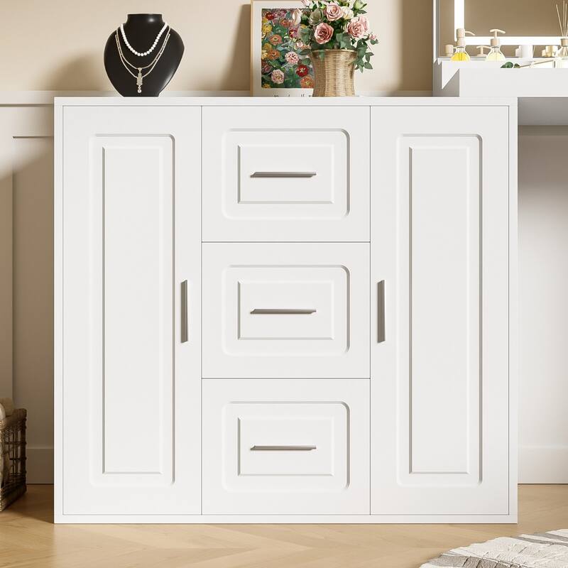 59" White Makeup Vanity Desk with Mirror Lights Drawers Cabinets Shelves