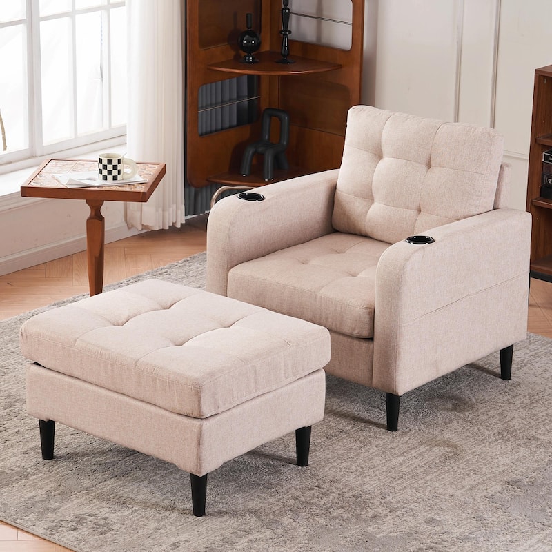 Upholstered Armchair and Storage Ottoman Set with Cup Holders and Tufted Detailing - Beige