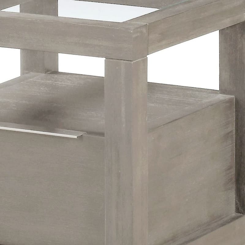 24 Inch End Table, 1 Drawer, Tempered Glass Surface, Plinth Base, Warm Gray