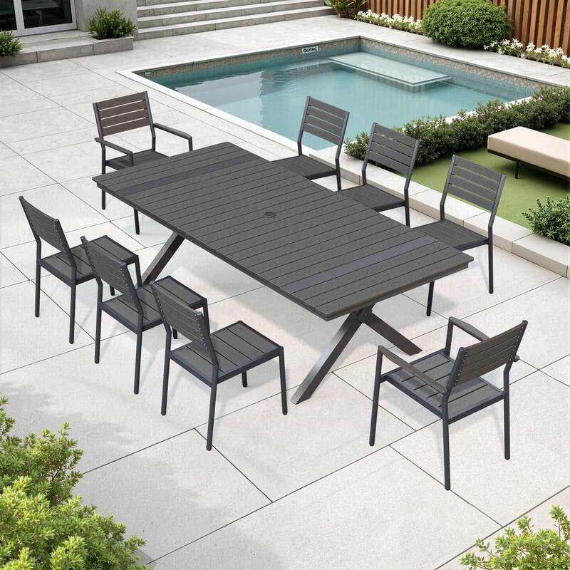 9/11PC Aluminum X Frame Outdoor Patio Dining Set Umbrella Hole Table with Stackable Chairs - N/A - 9PC-Black