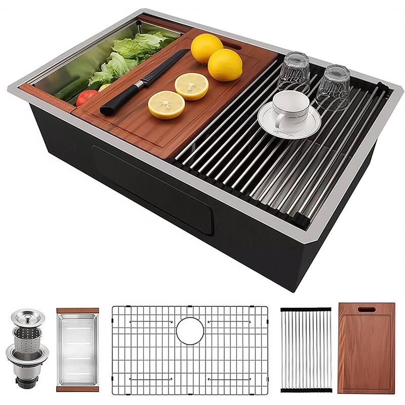 Undermount Workstation Sink Kitchen Sink 18 Gauge, Handmade Radius Deep Undermount Single Bowl Sink with Accessories