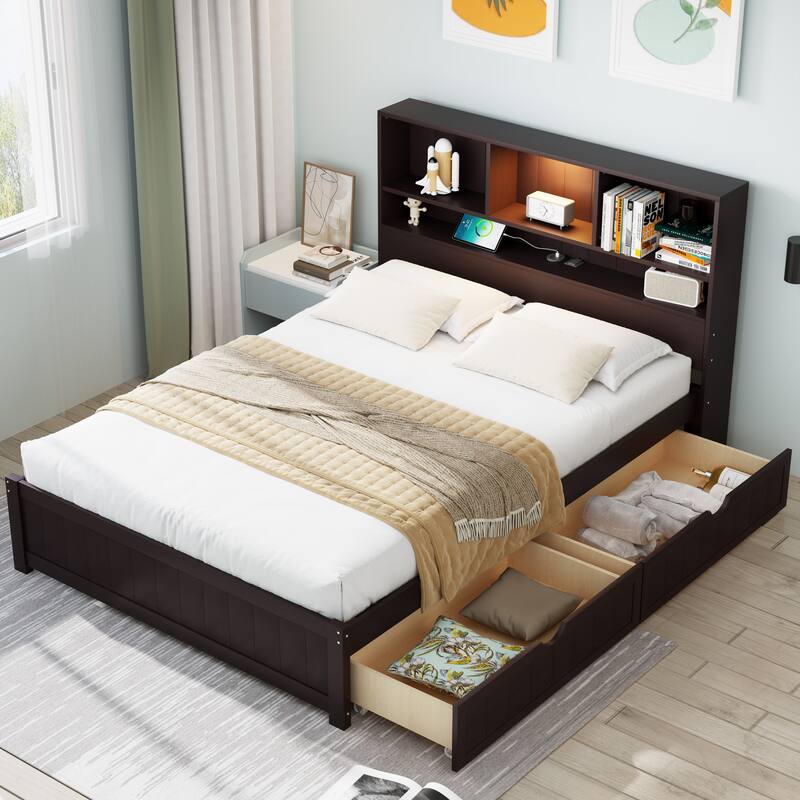 Wood Platform Bed Frame with Built-In Night Light/Charging Station/Open Bookcase Headboard/and 2 Side Drawers/Wood Slats Support