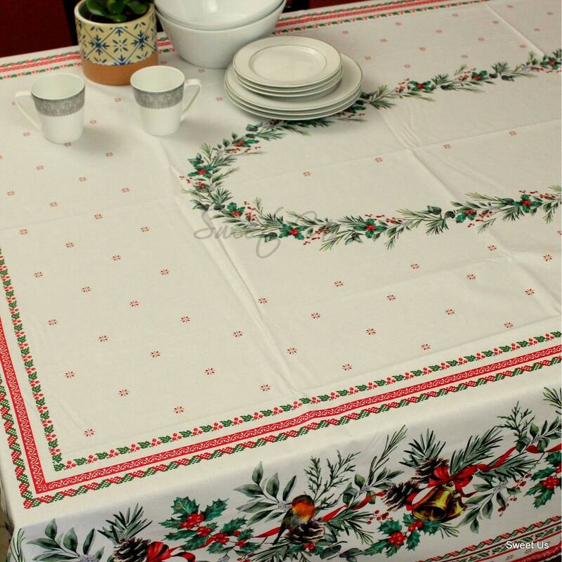 Wipeable Spill Resistant French Acrylic Coated Christmas Tablecloth - White
