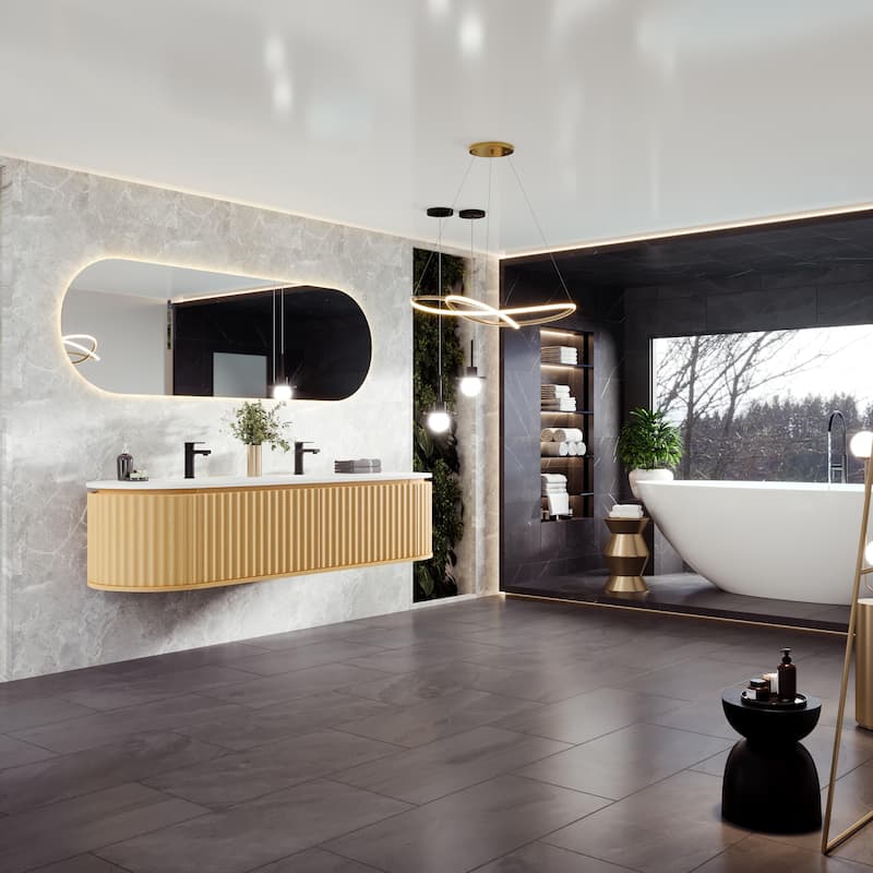 Haven 71"W Oak DS Wallmount Bath Vanity with Integrated Sinks