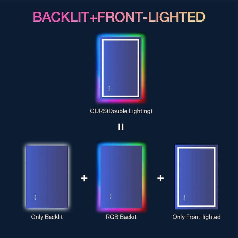 Super Bright RGB Backlit & LED Frontlit Anti-Fog Bathroom Vanity Mirror in Tempered Glass & ETL