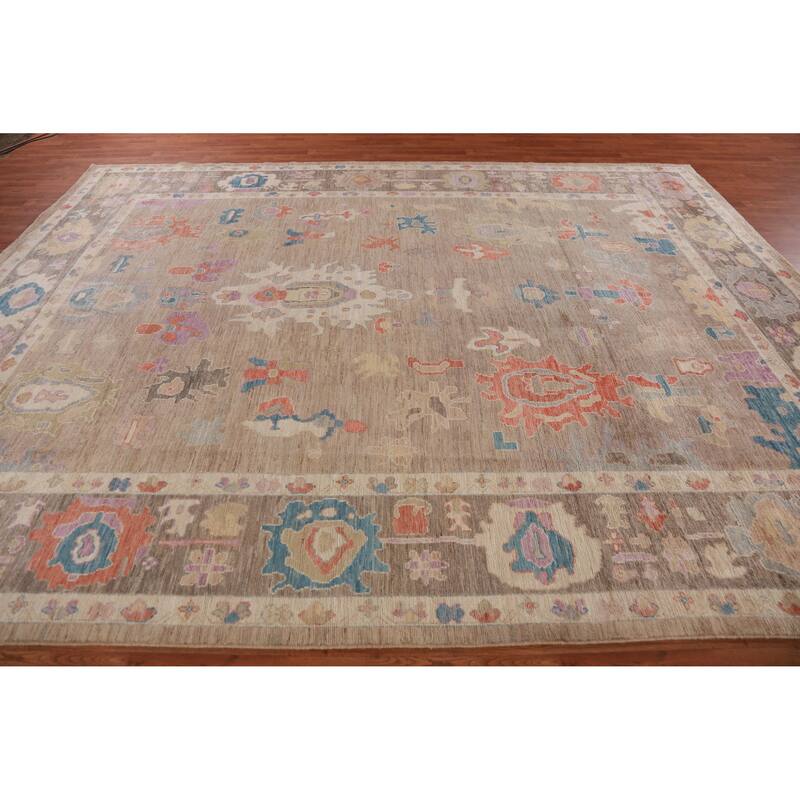 Hand Knotted Oriental 100% Wool Carpet Transitional All-Over Brown Oushak Area Rug - 12' 4'' X 9' 5''