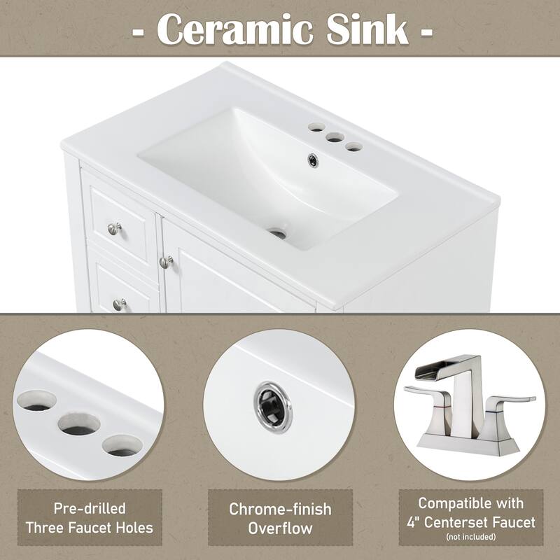 30 Inch Bathroom Vanity with Ceramic Sink, Freestanding Cabinet with 1 Door, Adjustable Shelf & 3 Drawers, Soft-Close Door