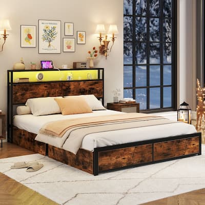 Gymax Queen Size LED Bed Frame w/2-Tier Storage Headboard & 4 Drawers
