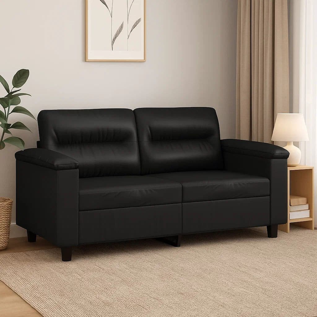2 Seater Sofa, Black Faux Leather, Tufted Cushions, Steel, 59 Inch
