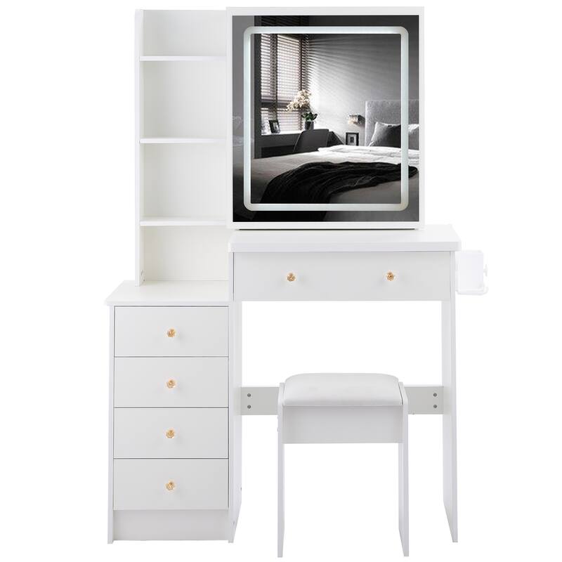 Vanity Table with Control LED Sliding Mirror, Dressing Table Set with USB Power Station, Makeup Stool with Hair Dryer Stand