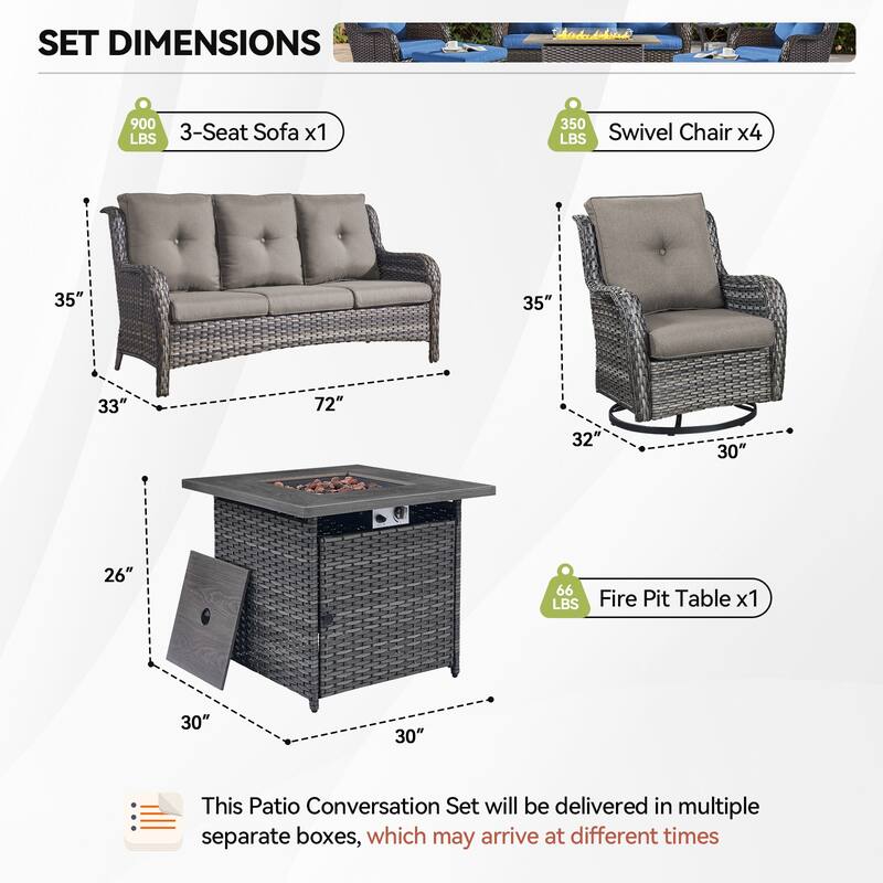 Gymojoy 6-Piece Outdoor Sofa & Chair Set with 4 Swivel Chairs, Fire Pit Table