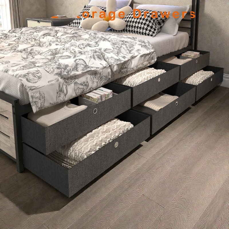 Full Size Bed Frame with Storage Headboard and 12 Drawers, LED Lights, Metal Platform Bed No Box Spring