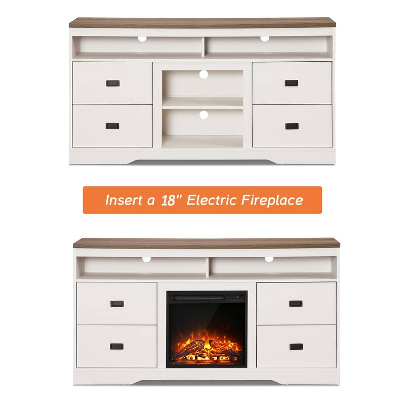 Farmhouse Sideboard Buffet Cabinet with Fireplace and 4 Drawers - 59.1 inch