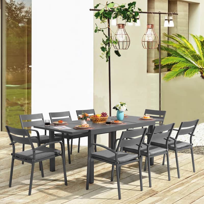 Outdoor 9-piece Aluminum Dining Set Stackable Chairs and Extendable Table