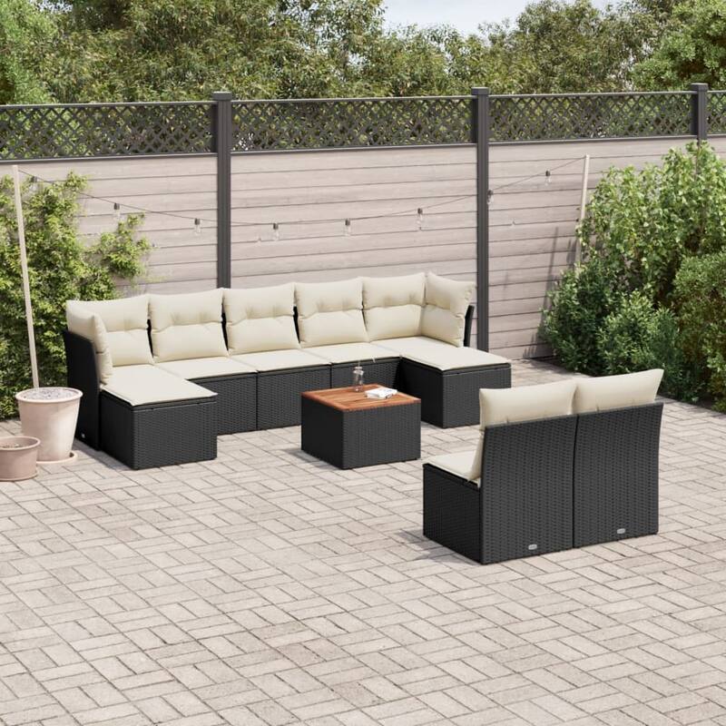 vidaXL Patio Sofa Set with Cushions Outdoor Furniture 10 Piece Poly Rattan - 24.4 x 24.4 x 27.2 - Black and Cream