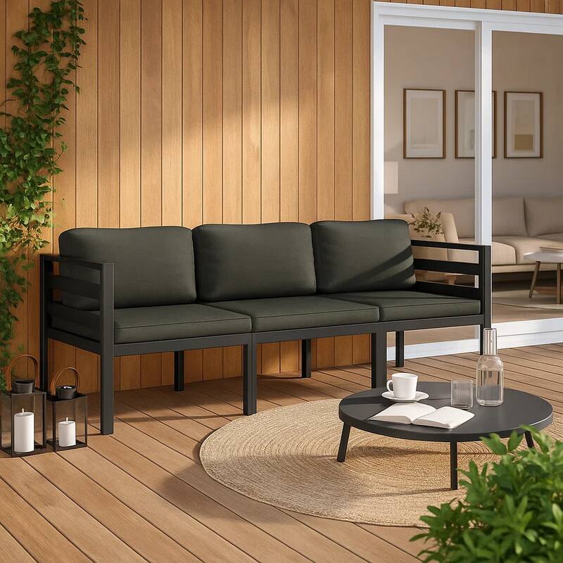 Shina 3pc Outdoor Modular Sofa Set, Black Metal, Dark Gray Cushions