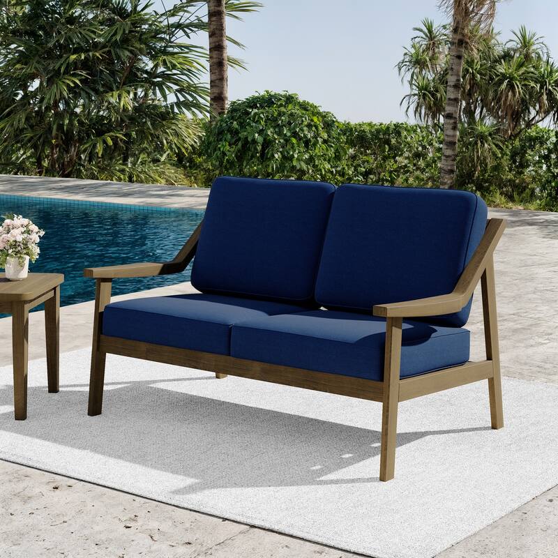 Outdoor Teak Wood Slat Back Patio Loveseat Sofa - NaturalFrame-Navy