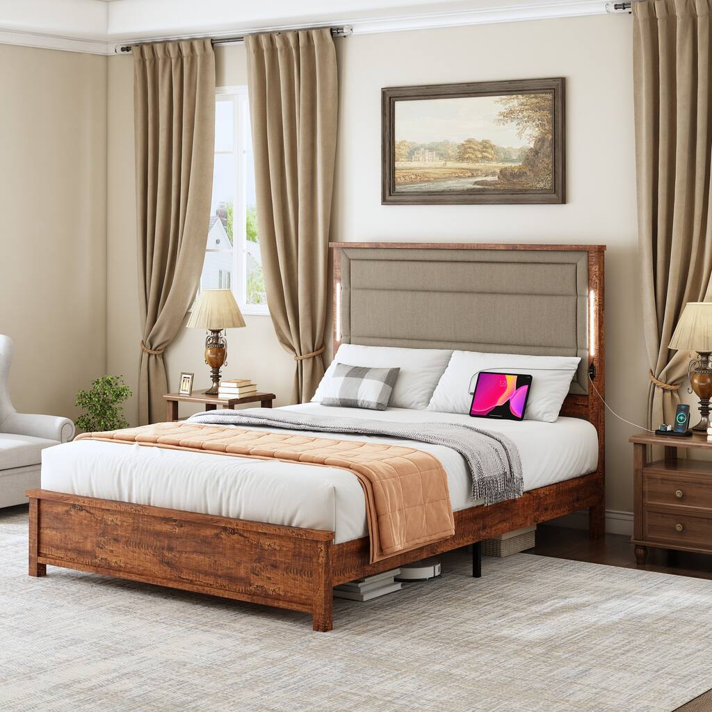Queen Size Platform Bed with Upholstered Headboard and LED Lights