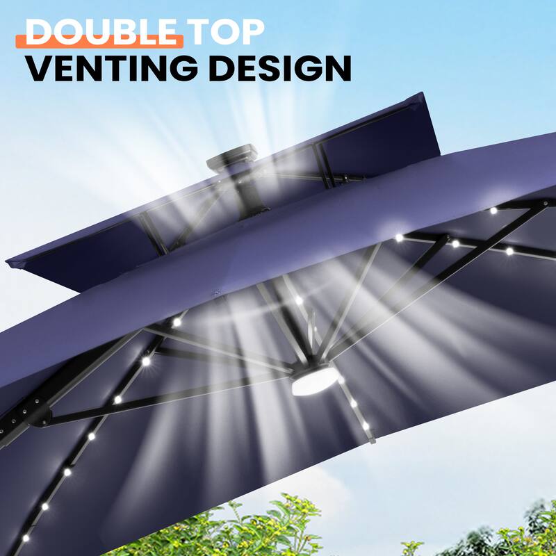 12 x 9 FT Outdoor Patio Cantilever Umbrella with Solar Lights Double Canopy 360 Rotation Tilt with Wheel Base