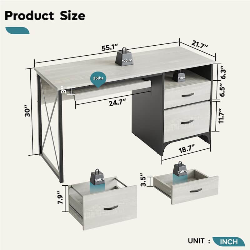 55 inch Computer Desk with Keyboard Tray and Storage Drawers