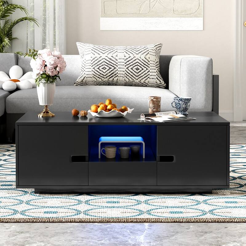 Modern High Glossy Rectangle Coffee Table, Stylish Center Table with Storage Space, Accent Furniture with 16 Color LED Lights