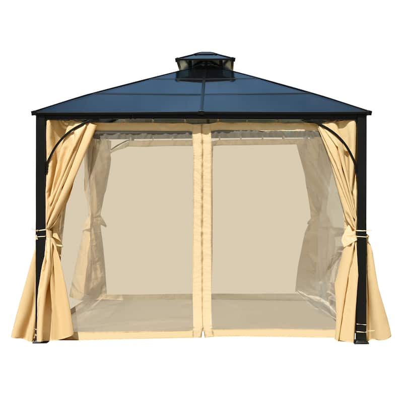 10'x12' Hardtop Double Roof Patio Gazebo with Double-Layer Side Walls, Mosquito Netting & Privacy Curtains