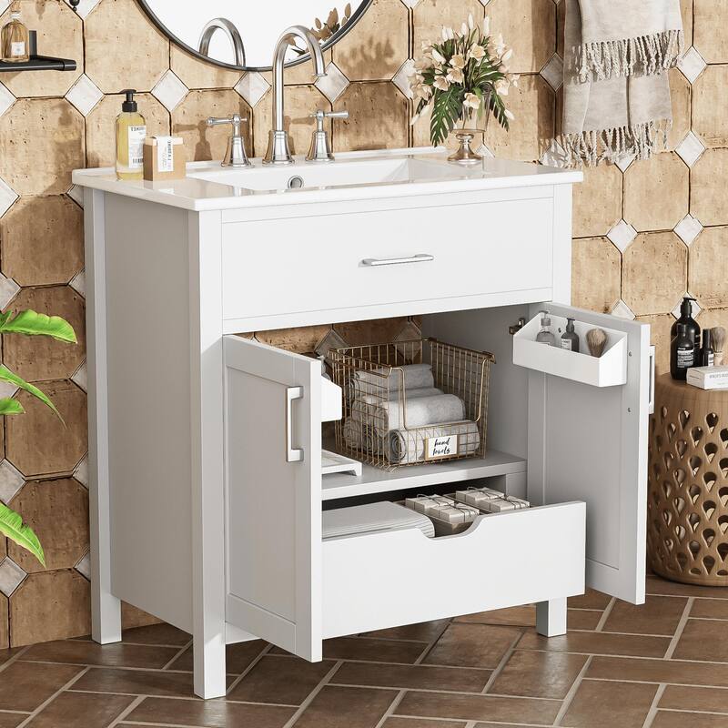 Compact 30-Inch Bathroom Vanity with Ceramic Sink, Premium Wood Frame & Soft-Close Doors - White