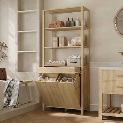 Tall Laundry Hamper Cabinet with Shelves and Drawer for Bathroom