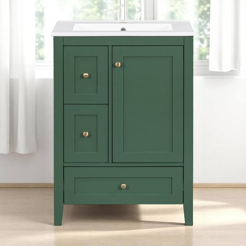 24" Bathroom Vanity with Sink, Adjustable Shelf, 3 Drawers, and Glossy White Finish - Freestanding MDF Cabinet,Storage Organizer - Dark Green - 24" Solid Wood+MDF