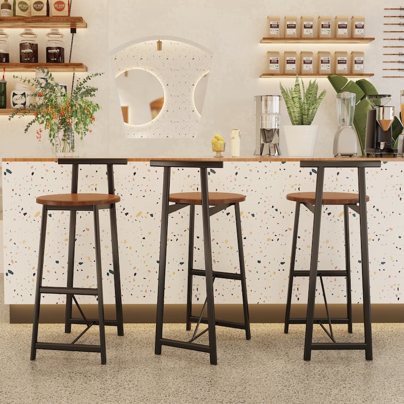 27''H Barstool Set of 3 Wooden Round Bar Stools with Footrest, Easy Assembly, for Dining Room, Kitchen - Brown