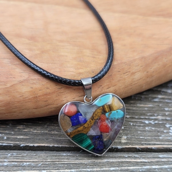 Rainbow Gemstone captured in Resin Heart Pendant Necklace. Opens flyout.
