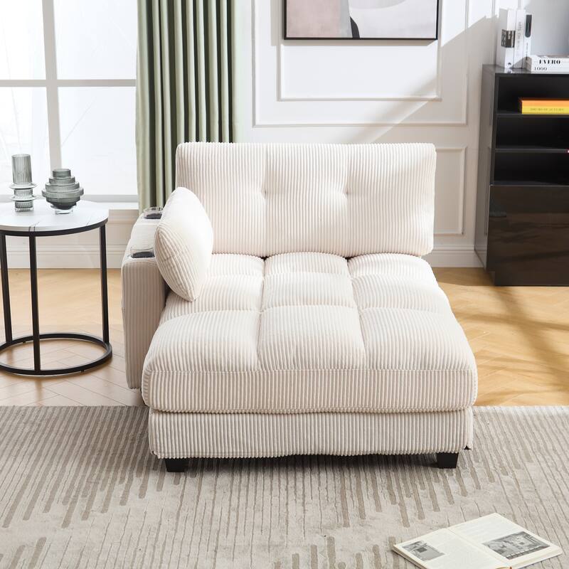 Oversized Corduroy Upholstered Single Chaise Lounge Sofa Couch Switchable Armrest with Cup Holders, USB Ports and Pockets