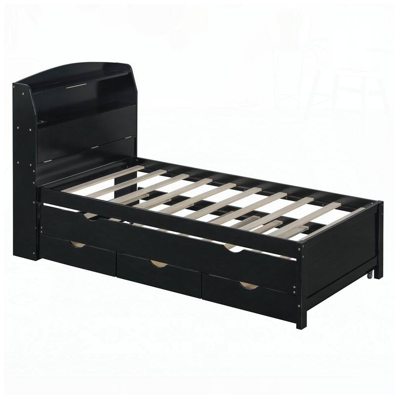 Wooden LED Platform Bed with Trundle