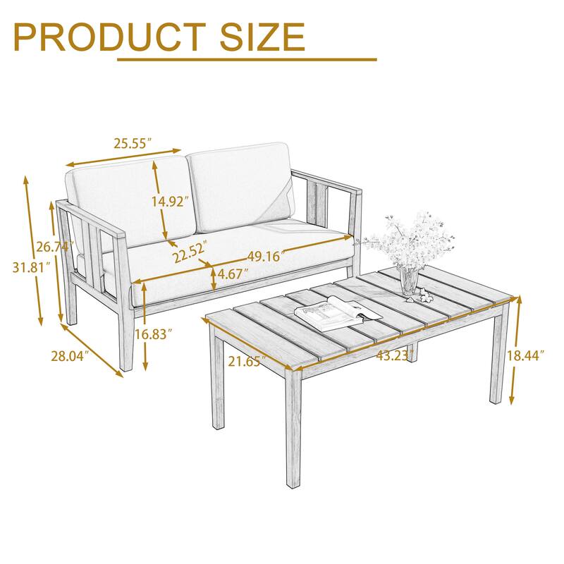 Casual 53"W Outdoor Patio Loveseat Set In Solid Teak Wood with Cushion