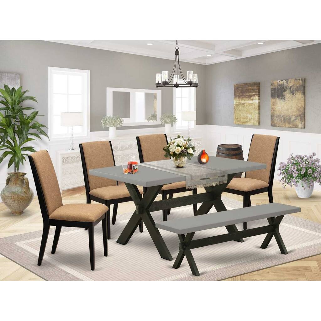 HomeStock 6-Piece Natural Oak Finish Solid Wood Top dining Table with 1-Bench and 4-Chairs