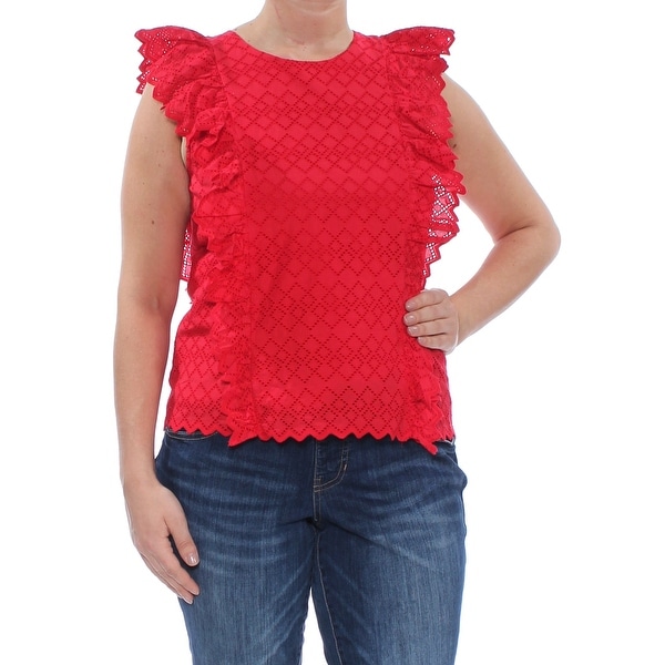 RALPH LAUREN Womens Red Eyelet Ruffled Jewel Neck Top Size L. Opens flyout.