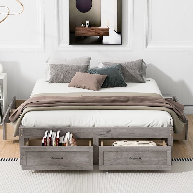 Full Size And Queen Size Platform Bed with 6 Storage Drawers,Antique White - Antique Gray - Queen