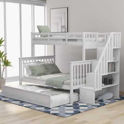 Stairway Twin-Over-Full Bunk Bed with Twin size Trundle, Storage and Guard Rail