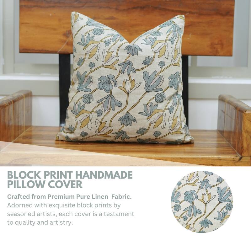 Fabdivine Eco Block Print Floral Cushion Cover for Living Room or Chair, Rustic Soft Linen Pillowcase 18x18 Inch, Shivri