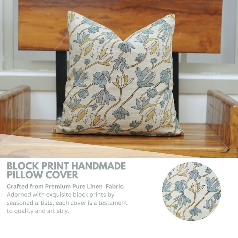 Fabdivine Eco Block Print Floral Cushion Cover for Living Room or Chair, Rustic Soft Linen Pillowcase 26x26 Inch, Shivri