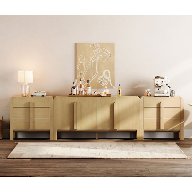 WAMPAT 3-Piece Sideboard Buffet With Storage, Mid-Century Modern 126" Wood Credenza With Doors And Adjustable Shelves - Oak