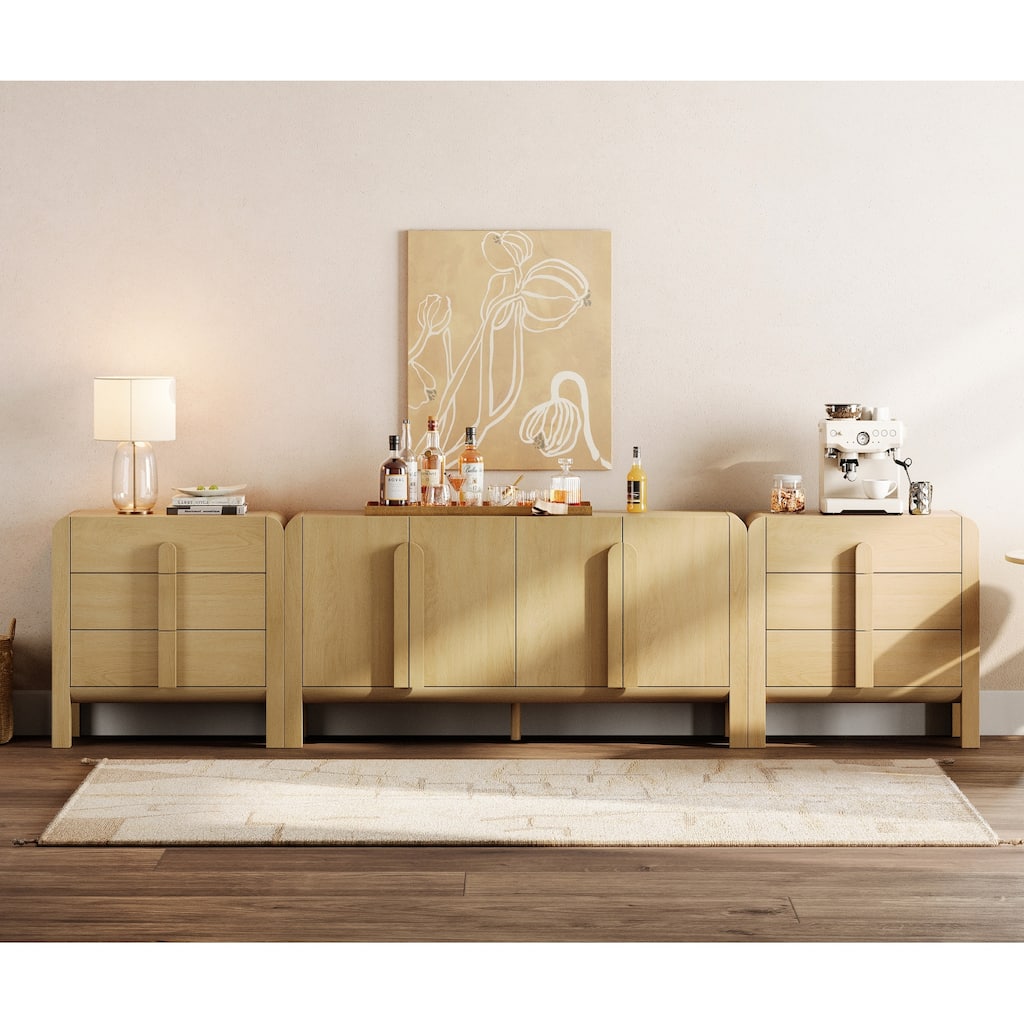 WAMPAT 3-Piece Sideboard Buffet With Storage, Mid-Century Modern 126" Wood Credenza With Doors And Adjustable Shelves