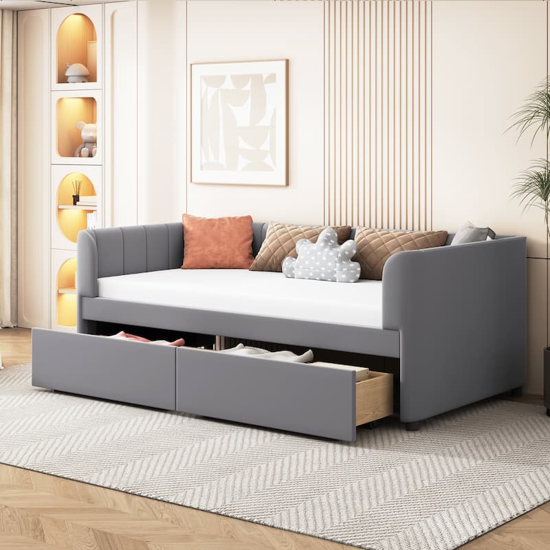 Ergonomic Twin Size Upholstered Daybed with 2 Drawers, Gray - Gray