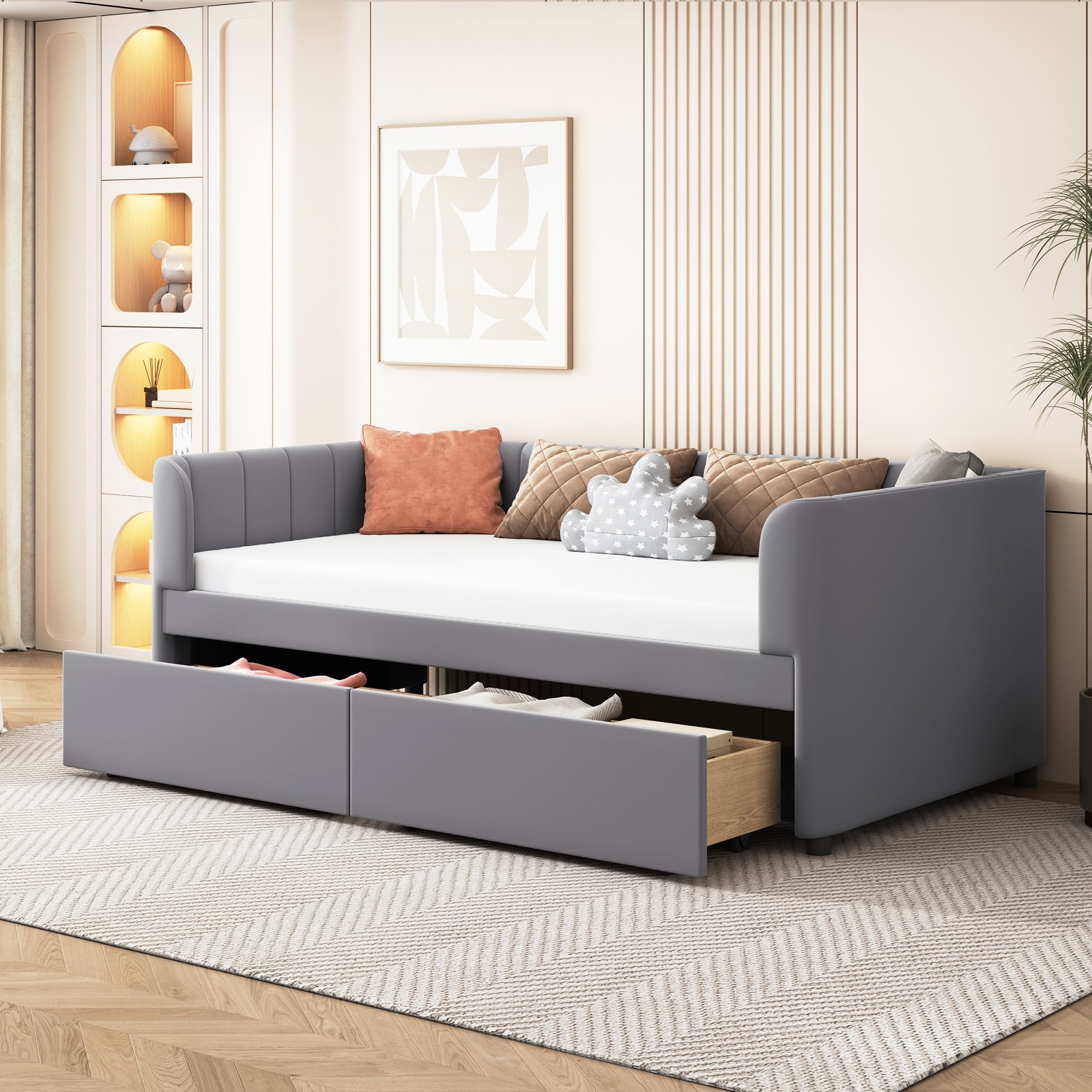 Twin Size Stylish Velvet Daybed with 2 Drawers, Grey