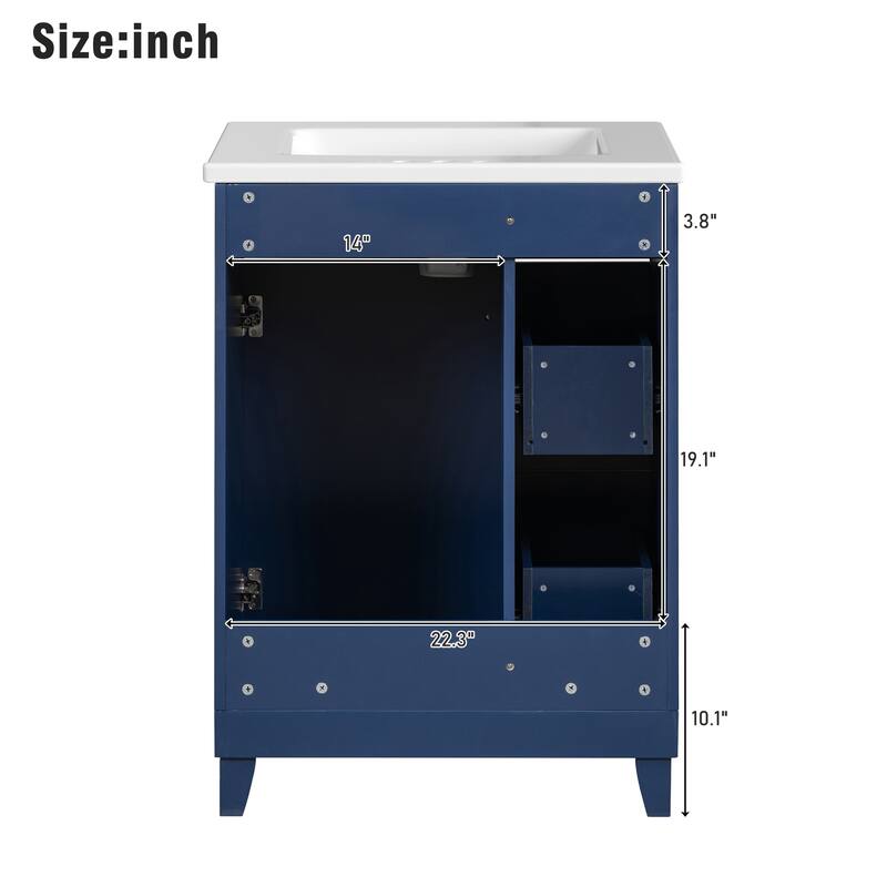24 Inch Bathroom Vanity Cabinet with Ceramic Sink, 2 Drawers & Door, Bathroom Storage Cabinet Free-standing Single Sink Cabinet