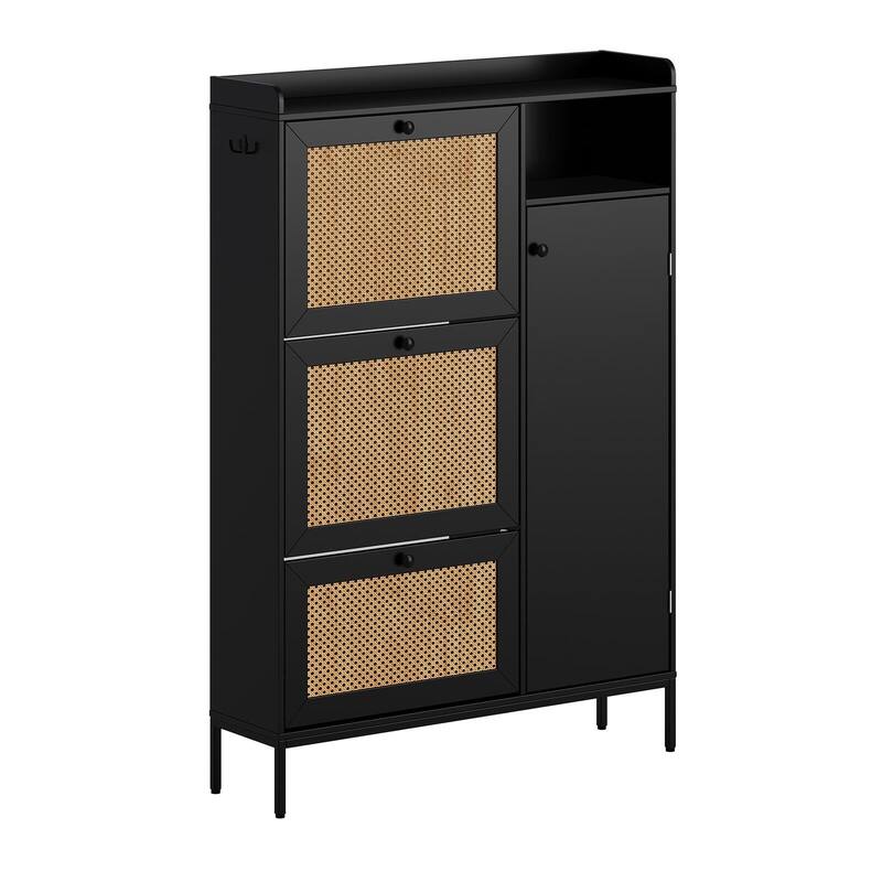3-Tier Shoe Storage Cabinet with Rattan Doors and Adjustable Compartments - Black