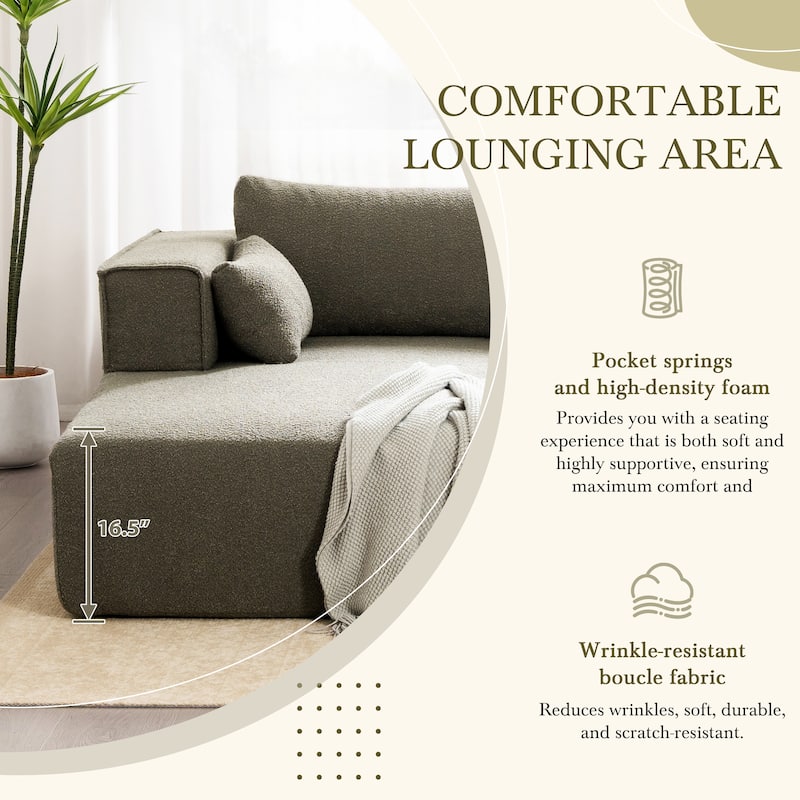 L Shaped Boucle Fabric Sectional Sofa w/ Chaise Lounge, Side Table, Pillows
