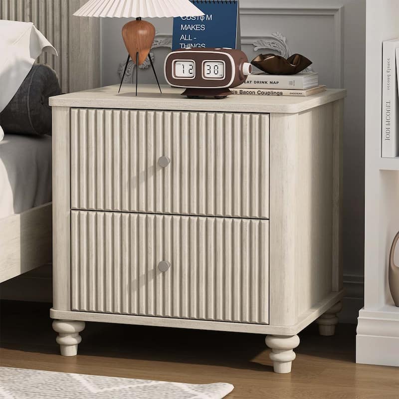 Fluted Nightstand with 3 Drawers - Beige