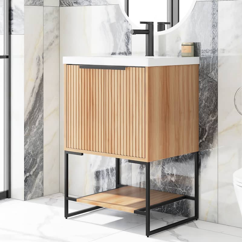 24"/30" Plywood Freestanding Bathroom Vanity Set with White Sink - 24" x 18" - Maple